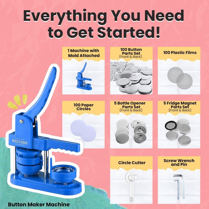 nice2have Button Maker Machine – 2.25 Inch (58mm) – Single Mold, Pin Maker Machine Kit with 100 Buttons, 5 Fridge Magnets, 5 Bottle Openers, Cutters, and 500+ Button Designs for DIY Crafts, Blue - Image 3